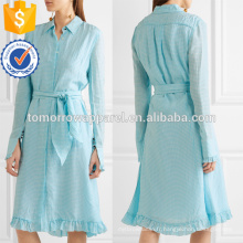 Manches longues bleu clair et blanc vichy ébouriffé Mini robe quotidienne d&#39;été de fabrication en gros de mode femmes vêtements (TA0054D)